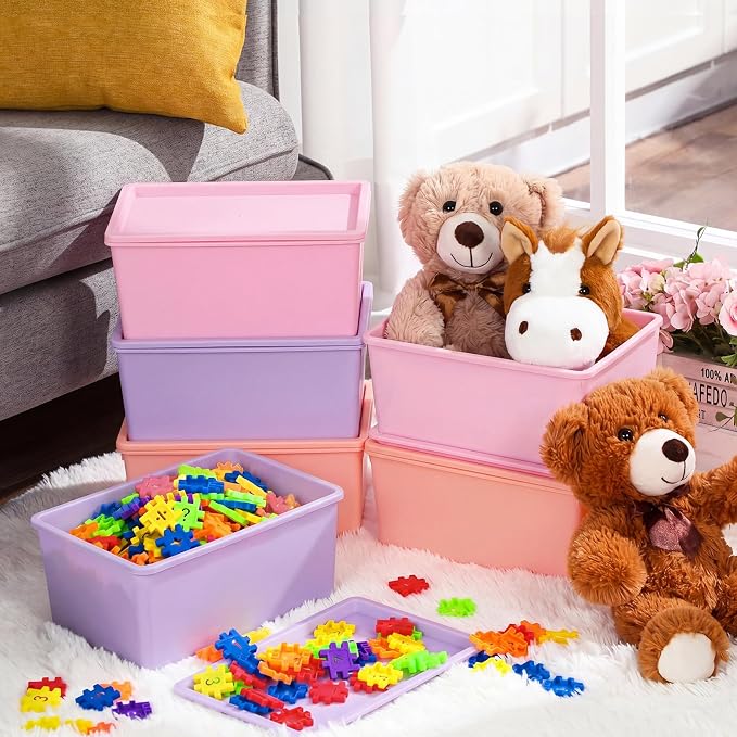 6 Pcs Storage Bins with Lids Small Plastic Storage Containers Stackable Storing Baskets Box Cute Organizer Bins for Organizing Shelves (Pink,Purple)