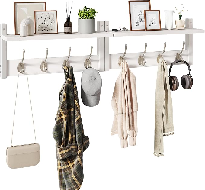 YMYNY Coat Rack Wall Mount with Shelf and Hooks, White UHWS001W-2 | 2 Pack Wooden Wall Mounted Coat Hanger with Shelf and 8 Double Hooks, Wall Coat Rack for Entryway Hallway Bedroom Bathroom