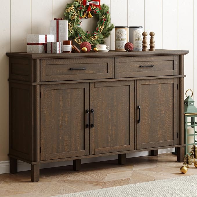 55 Inch Buffet Cabinet with Storage, Farmhouse Sideboard Buffet w/2 Drawers and 3 Doors, Wood Coffee Bar Cabinet with Adjustable Shelves, Sideboard Storage for Kitchen, Living Room, Brown