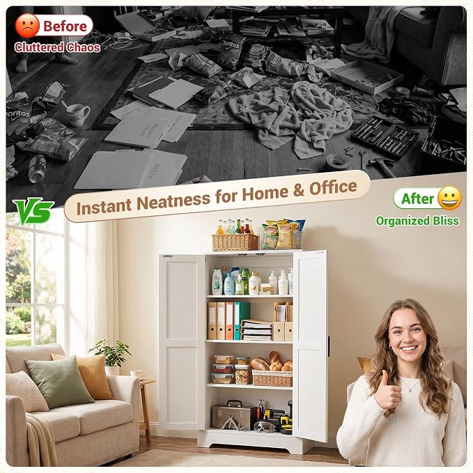 Unikito 43.3" Farmhouse Storage Cabinet with Doors and Adjustable Shelves | Wood Pantry Cabinet, Small Sideboard Cabinet, Short File Cabinet for Dining Room, Living Room, Bathroom, Home Office
