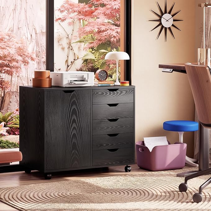 DEVAISE 5-Drawer Wood Drawer Cabinet, Office Storage Cabinet, Black | Craft Storage Cabinet, Under Desk Drawer, Rolling Cart Furniture, Adjustable Shelf & Wheels, Printer Stand, Home Office