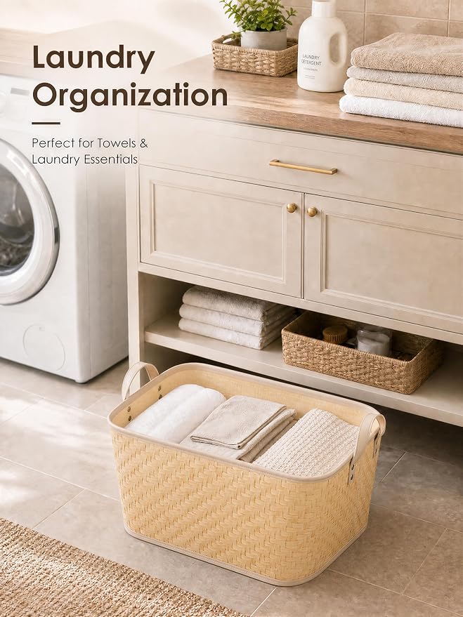 BROWNLILY Oversized Storage Baskets Laundry Hampers with Structured Frame & Supported Bottom, Extra Large Closet Bins for Shelves Blankets Car Bedroom Bathroom Organizers (Pack of 4, Natural)