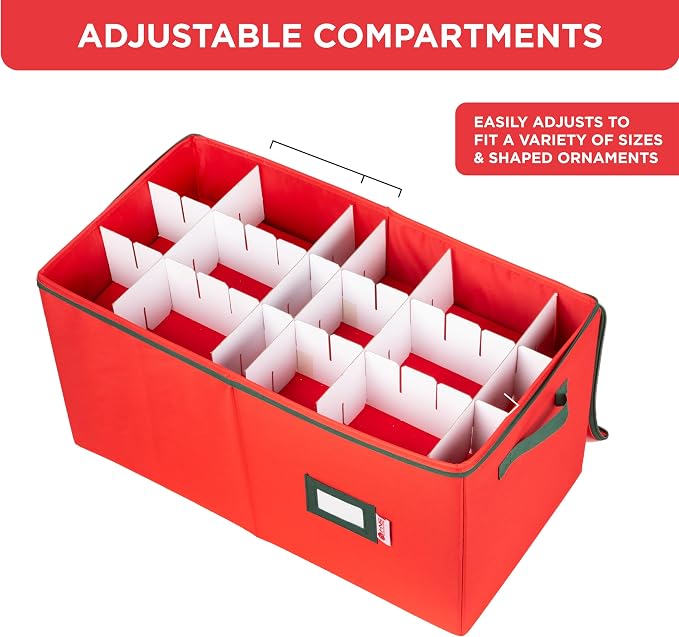 Christmas Ornament Storage Container with Dividers - Box Stores Up to 54 Ornaments, Zippered, Convenient, Adjustable, Large Organizer Bin to Protect Holiday Décor, Fits Most Standard Size, Red