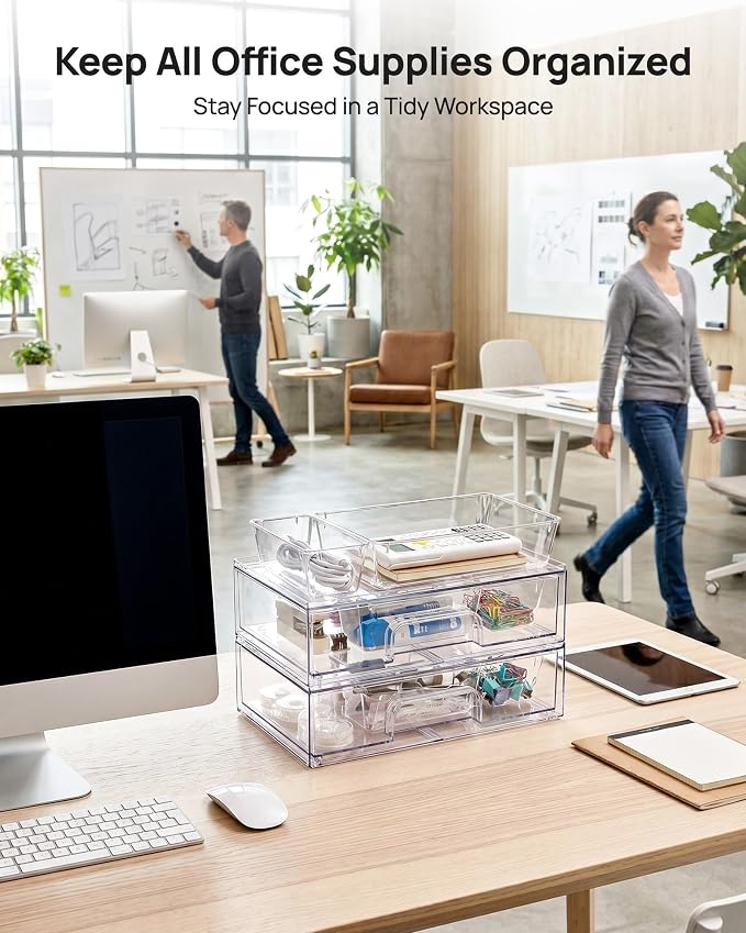 Vtopmart 12-Pack Clear Makeup Organizer Set with Drawer Organizer Bins | 2 Pack Stackable Storage Drawers & 10 Pack Drawer Organizer for Vanity Cosmetic, Bathroom Countertop, Desk