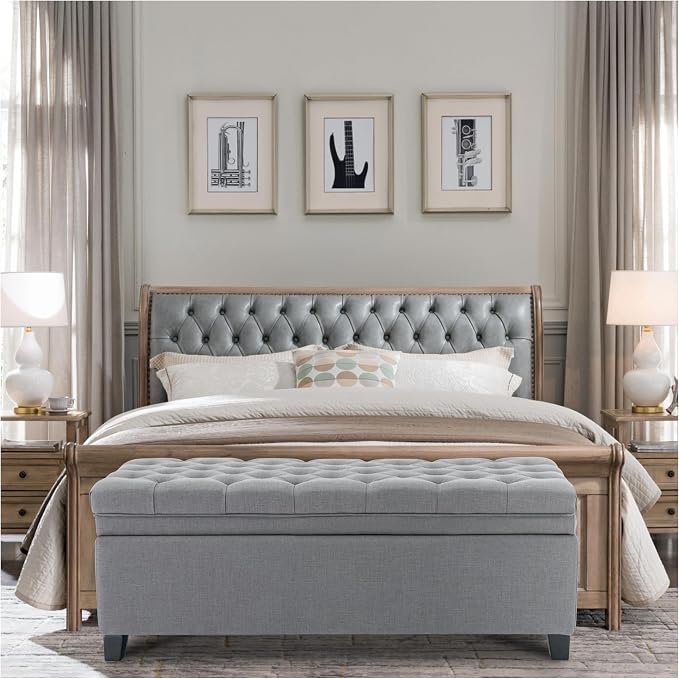 51" Storage Ottoman for Bedroom & Living Room, End of Bed Bench with Black Wooden Legs, Linen Upholstered Tufted Ottoman, Entryway Storage Bench, Light Grey