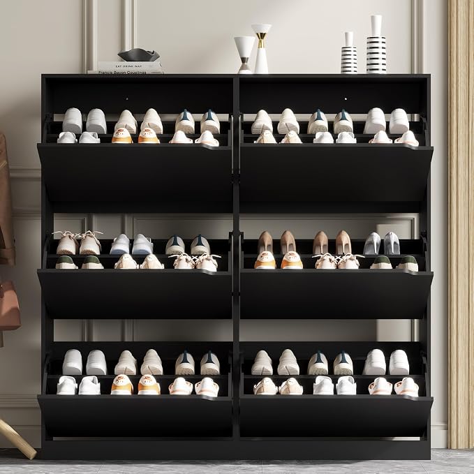 Xixini Shoe Storage Cabinet for Entryway with 6 Flip Drawers, Sturdy Wood Hidden Shoe Storage, Freestanding Narrow Slim Shoe Organizer for Front Door Entrance, Living Room, Hallway, Bedroom, Black
