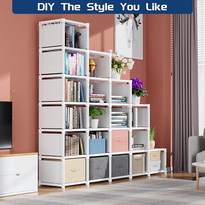 Mavivegue Book Shelf, 20 Cube Storage Organizer, DIY Bookcase, Metal Cube Bookshelf, Tall Book case for Bedroom, Living Room, Office, Closet Storage Organizer, Black Cubicle Storage Rack-White