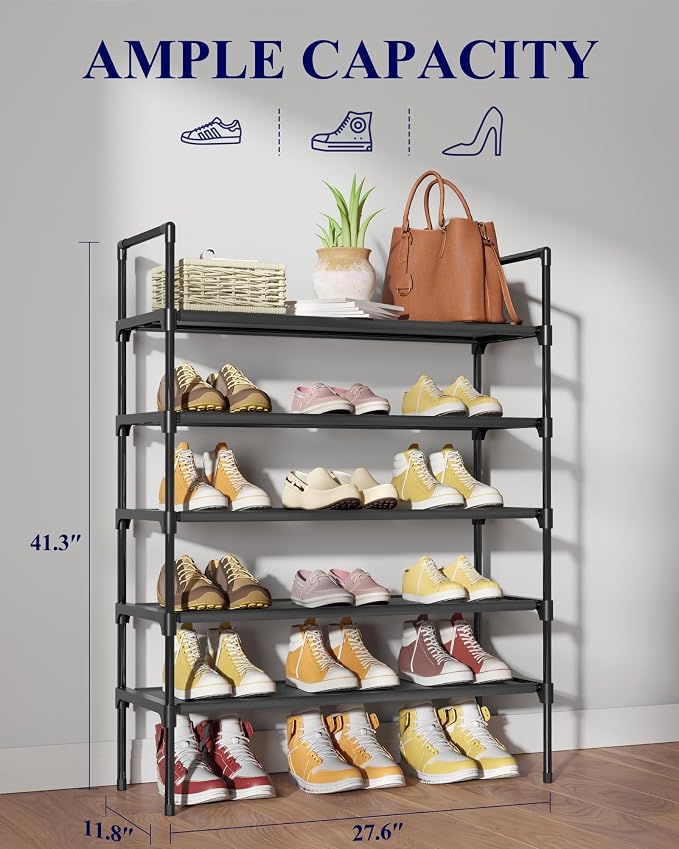 Kitsure Shoe Rack for Closet, Shoe Organizer, 27.6" Wide - 5 Tier, Black | Shoe Storage for Closet, Entryway, Easy- Assembly& Space-Saving Shoe Shelf with Side Handle, Closet Organizer