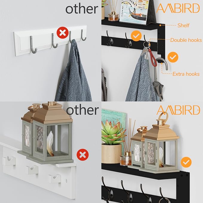 AMBIRD Coat Rack Wall Mount with Shelf, 28.9 Inches Coat Hooks Wall Mounted with 5 Hooks, Hat Wall Hooks for Hanging in Entryway, Living Room, Bathroom, Bedroom (Black, 28.9 * 4.5 inches)