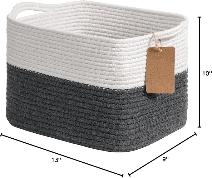 Goodpick Small Cotton Rope Baskets for Organizing, Dark Gray | 13 × 10 × 9 in, Rectangle, Reinforced Handles, Shelf & Nursery Organization, Baby Toys, Books & Towels Storage