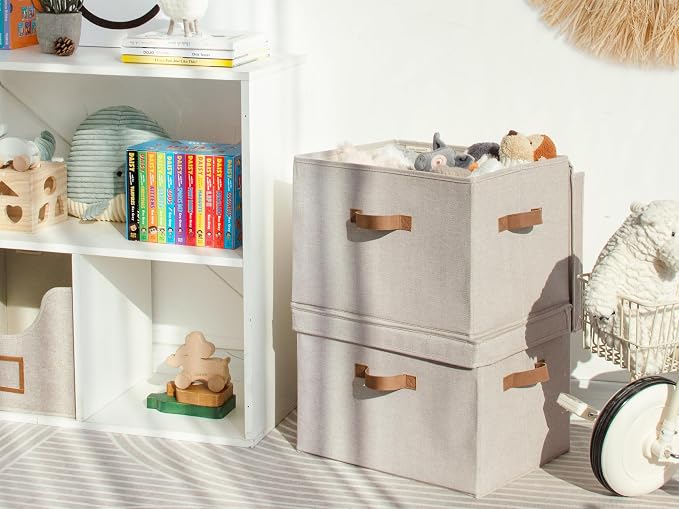 StorageWorks Fabric Storage Bins with Lids, Large Closet Storage Bins | Flip-Top Lid, 3 Handles, Collapsible, Stackable, for Clothes Blankets, Multi-Purpose, Jumbo, Brown and Beige, 2-Pack
