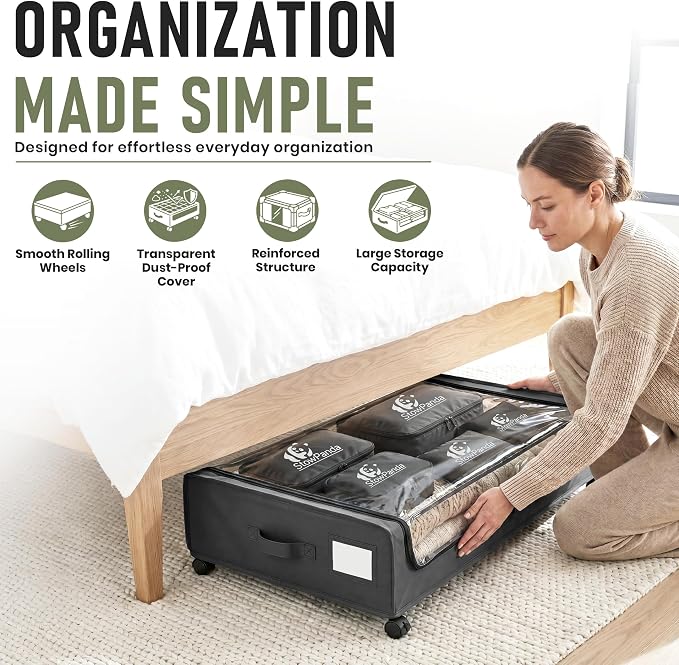 60L Under Bed Storage with Wheels, With 6 Travel Bags, 2-Pack, Dark Gray | Rolling Underbed Storage Containers, Clear Lids, Heavy Duty Steel Frame, Organizer for Clothes Shoes Comforters Blankets Toys