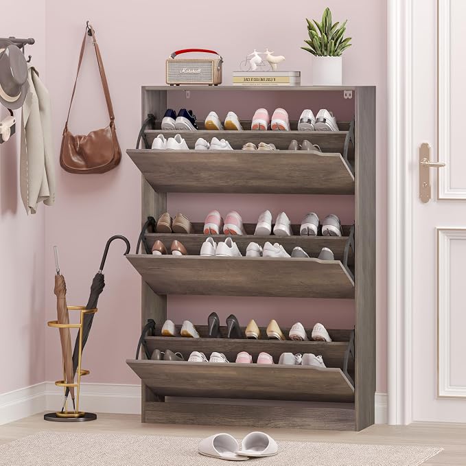 BORNOON Shoe Cabinet with 3 Flip Drawers, Hidden Wood Shoe Cabinet,Freestanding Shoe Storage Cabinet for Entryway Hallway