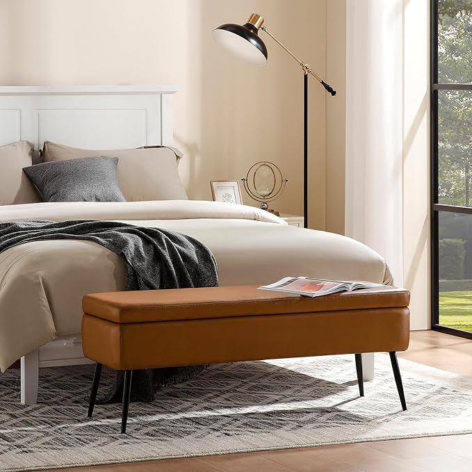 kinmars Leather Storage Ottoman Bench, End of Bed Bench with Steel Legs | Brown Leather Smooth Upholstery Design | 660 lb Capacity | Safety Hinges |Mid-Century Modern Style | Bedroom & Entryway