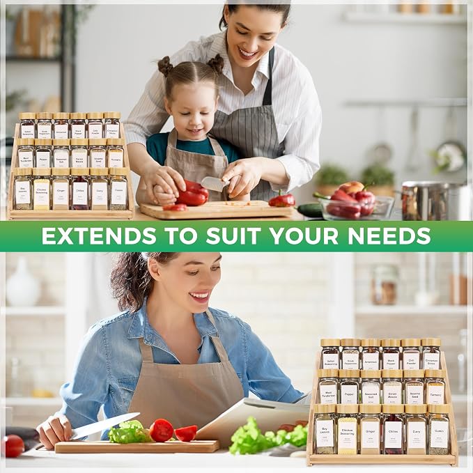 Spice Rack, Spice Organizer -3 Tier Bamboo Spice Racks, Solution for Spice Storage in Kitchens, Countertops,Storage Rooms and Other Places