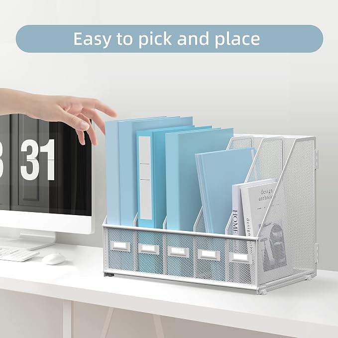 SUPEASY Desk Organizers Metal Desk Magazine File Holder with 5 Vertical Compartments Rack File Organizer for Office Desktop, Classroom, Home Workspace, White