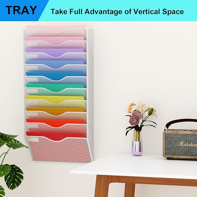 10 Pockets Hanging Wall File Organizer Mail Holder, Wall Mounted Paper Document Folder Holder, Clipboard Storage Organization Magazine Rack, White