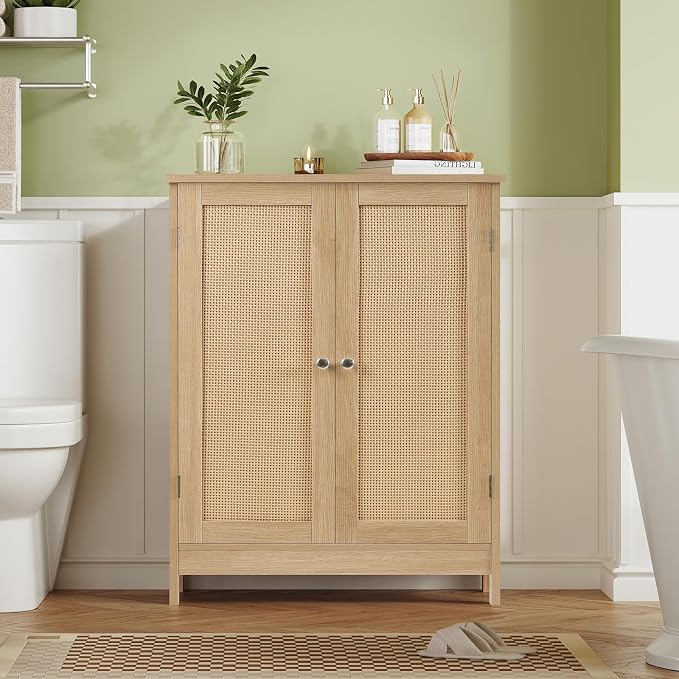 Iwell Storage Cabinet, Rattan Cabinet with Adjustable Shelf, for Living Room, Entryway, Kitchen, Home Office, Nature