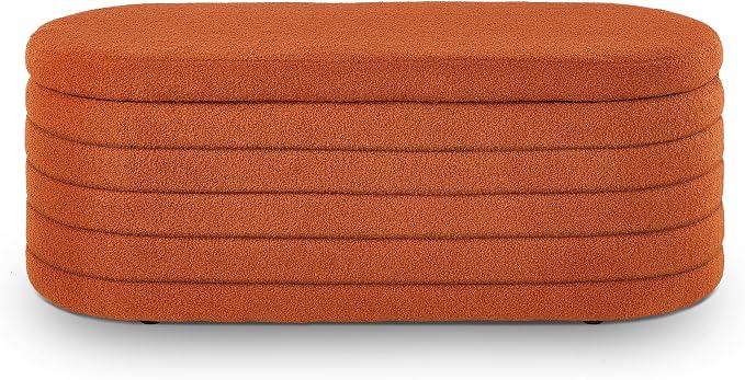Ball & Cast Storage Bench, Upholstered Oval Ottoman, End of Bed Stool with Safety Hinge for Bedroom, Living Room, Entryway, Teddy Fabric, Orange
