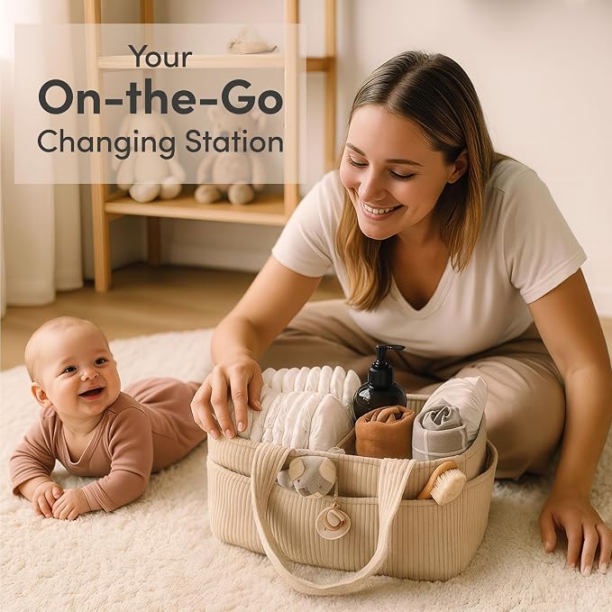 PUTSKA Baby Diaper Caddy Organizer, Nursery Basket, Cream Corduroy