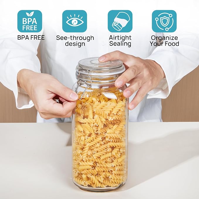 Vtopmart 78oz Glass Food Storage Jars with Airtight Clamp Lids, 3 Pack | Large Kitchen Canisters, For Flour, Sugar, Cereal, Coffee, Pasta and Canning, Square Mason Jars