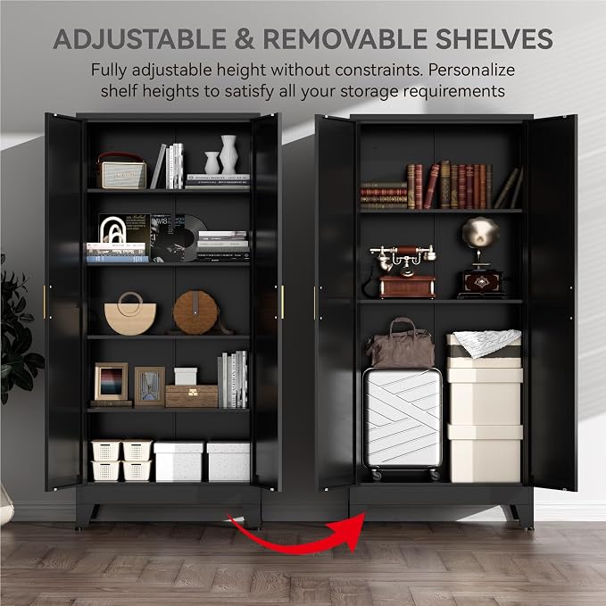Farmhouse Pantry Cabinet with Barn Doors, 71" H x 31.5" W, 5-Tier Metal Storage Cabinet with 4 Adjustable Shelves for Kitchen Garage Dining Room, Black 1 Pack