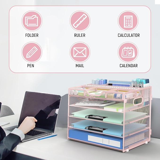 Docnest 5 Tier Mesh Desk Organizer with Removable Tray&Pen Holder, Pink | Features 3 detachable pen holders and 4 removable dividers.Versatile mesh desktop storage for mail, document,office supplie