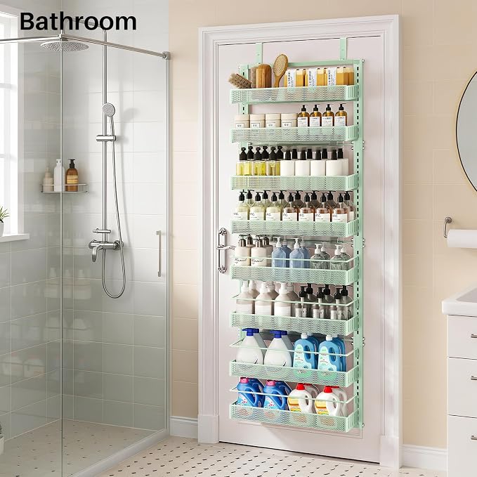SNTD 8 Tiers Over the Door Organizer - Height Adjustable Pantry Organizers and Storage with Dense Mesh Baskets, Anti-Swing Hanging Door Spice Rack for Kitchen Bathroom (Green, 17" W x 6" D x 69" H)