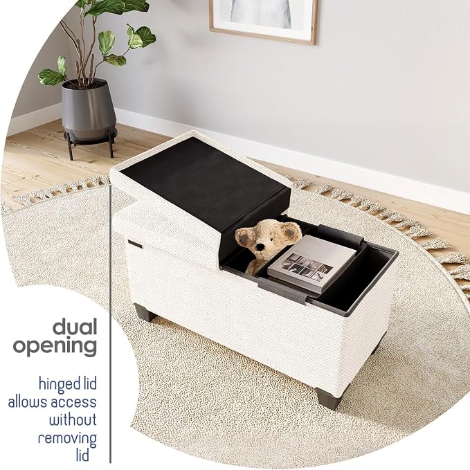 Storage Ottoman Bench with Bins, 30-in Storage Bench for Bedroom End of Bed, Folding Foot Rest Ottoman for Living Room Max 660lbs, Fabric Ottomans, Beige