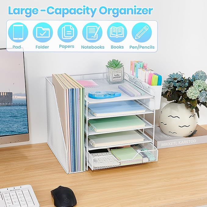Desk Organizers and Accessories, 5-Tier Paper Letter Tray Organizer with File Holder, Drawer & Pen Holder, Office Desk Accessories, Desktop Organizer for Classroom Office Supplies, White