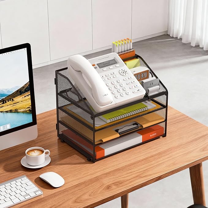 DocNest 4 Tier Metal Mesh Desk File Organizer with Phone Shelf, Black | Desktop letter tray sorter features a 9.1x9.1 inch top phone holder, built-in sticky note compartment and pen holder