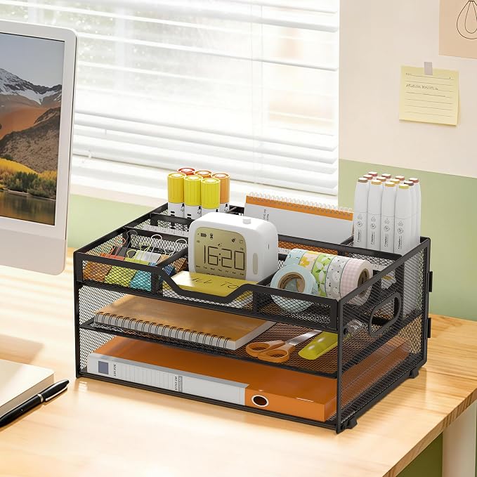 3 Tier Metal Desk Organizer with Magazine File Holder, Black | Space saving workspace desk file trays. Includes pencil holder and portable handles. Ideal for school and office supplies