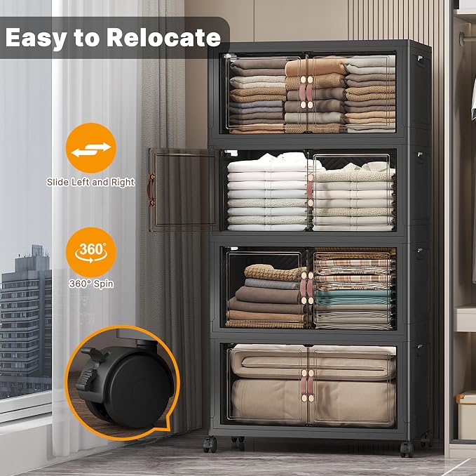 UAMFURI Stackable Storage Bins, 560QT Collapsible Drawers with 1 Lid | Large Capacity, Magnetic Door, Stack Lock, Rolling Wheels, Foldable Design, Organizers and Storage for Bedroom Dorm Garage