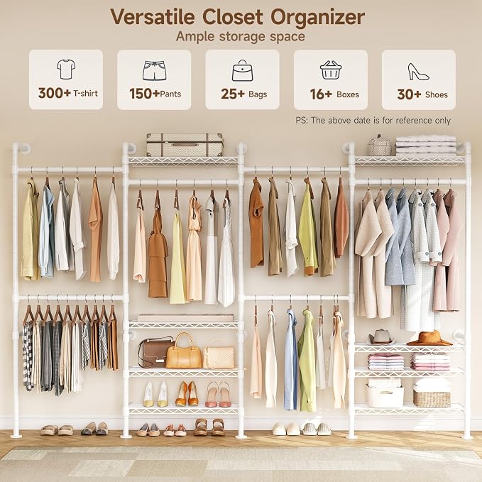 ONBRILL H4 Wall Mounted Closet System, Expandable Industrial Pipe Clothes Rack Clothing Rack for Hanging Clothes, Heavy Duty Closet Organizers and Storage in Wardrobe Closet - White