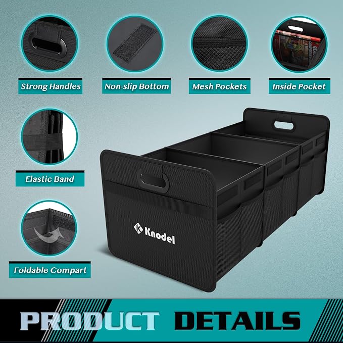 K KNODEL 3 Compartments Trunk Organizer for Car and Suv (Large, Black) | Collapsible Car Storage Organizer, Car Organizers and Storage for Sedan, Cargo Organizer, Car Bin, Basket,Bag, Organization