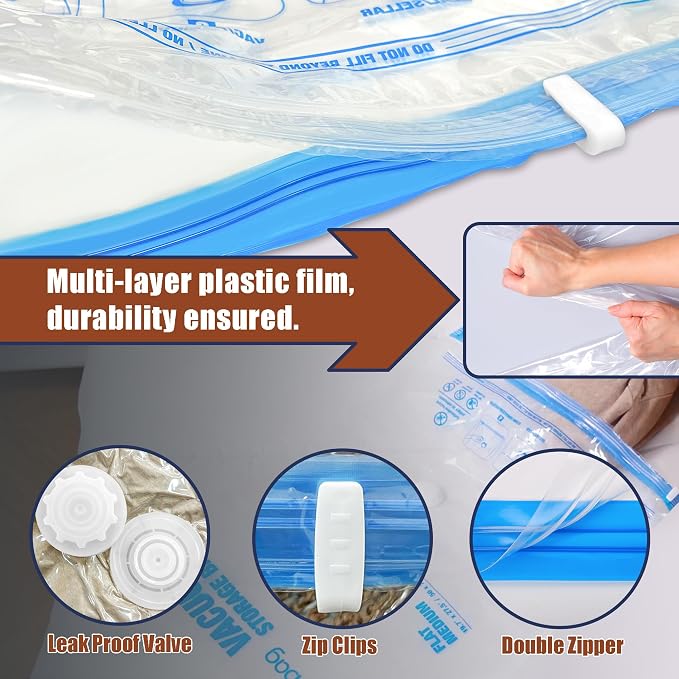 12 Jumbo Vacuum Storage Bags for Bedding, Vacuum Seal Bags for Clothing | Extra Large XL, Airtight Triple Seal, Save 80% Space, Hand Pump, Work with Vacuum, Double Zip, Reusable, Easy to Use