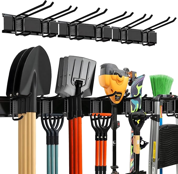 TIDYME Garage Wall Organizer, Shovel Holder Wall Mount, 48" Double Hooks | 300 lbs, adjustable double-layer tool hangers for garage wall, holds ladders, shovels, rakes, hoses & power tools