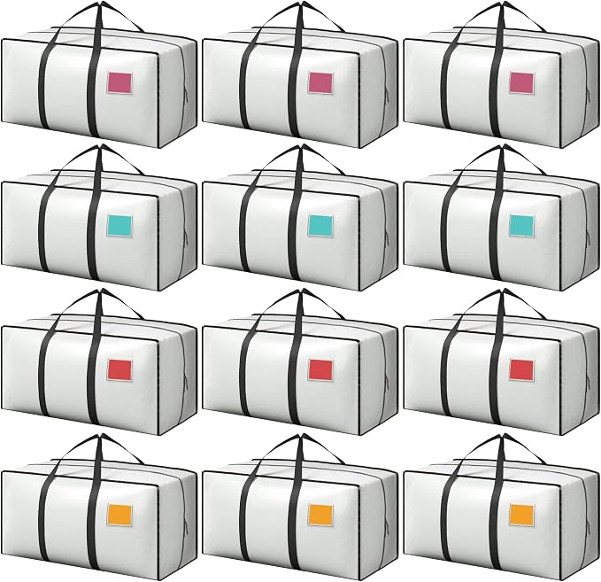 12 Pack Moving Bags with Full-Open Side Zipper, Extra Large 93L Heavy Duty Waterproof Foldable Storage Totes for College Dorm, Moving & Home Organization,White