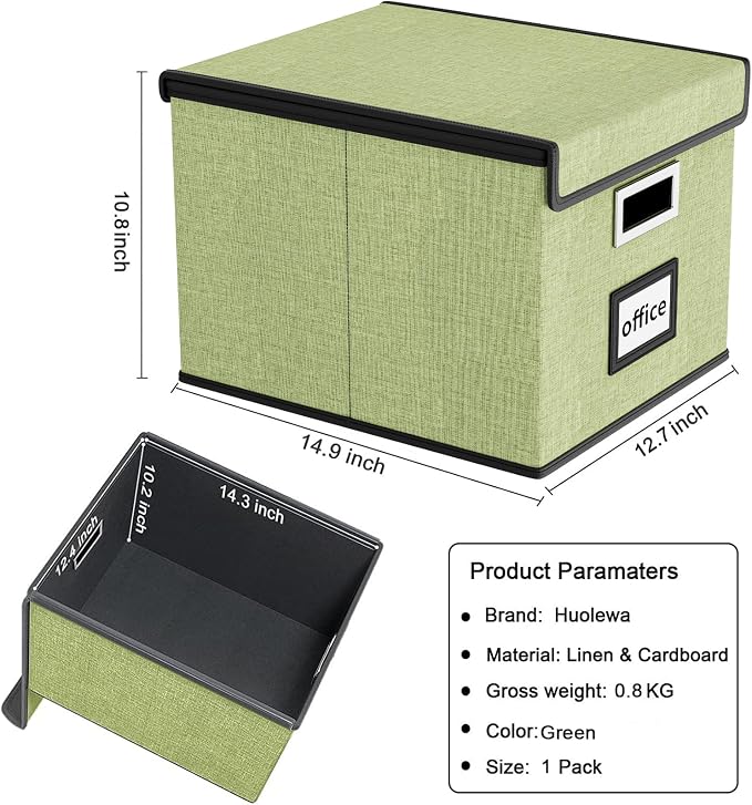 File Organizer Box with Lids, Collapsible File Folder Organizer | File Box with Plastic Slides for Office Document Storage, Filing Bin for Letter Size Hanging File Folders (1 Pack, Green)