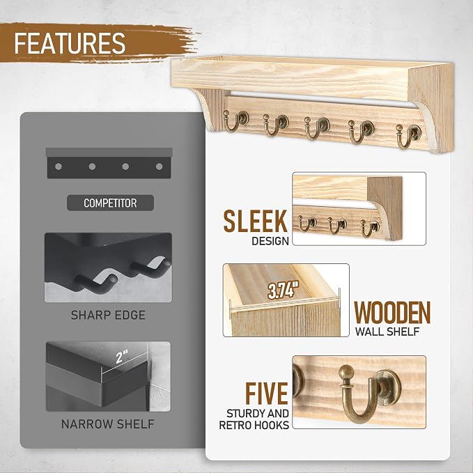 Rebee Vision Key Holder Wall Mount with Shelf for Room Decor, Natural Wood | Pine Wood Key Holder for Wall, 5 Key Hooks, Small Plant Display, Cute Item Storage, Home Organizer, Decorative Room Accent