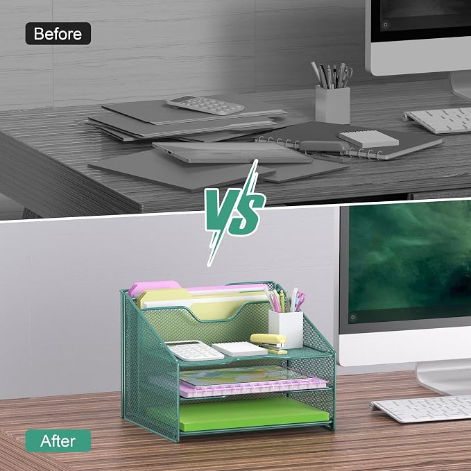 Samstar Green Desk File Organizer, Mesh Letter File Folder Holder with 3 Paper Trays and 2 Vertical Upright Section, for Office Supplies, Desk Accessories & Workspace, Green