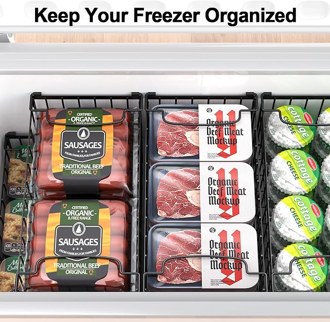 MSERCUOR Freezer Organizer Bins, 4 Pack Stackable Deep Chest Freezer Organizer Bins, Foldable Baskets with Handles, Black Storage Container Baskets for 5/ 7 Cu.FT Deep Freezer Sort Frozen Meats