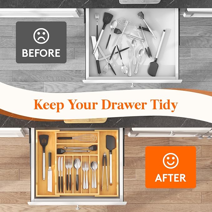 Lifewit Silverware Drawer Organizer, Wooden Utensil Tray for Kitchen | Expandable Flatware and Cutlery Holder, Adjustable Storage for Spoons Forks Knives, 12-21 x 17", Natural