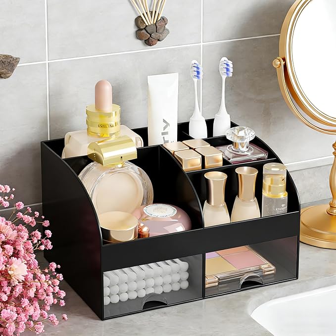 Makeup Organizer with 2 Drawers, Cosmetic Storage for Dresser Vanity and Bathroom Countertop,Make up organization and Skincare Storage with Beauty Brush Holder, Cosmetic Display Case (Black)