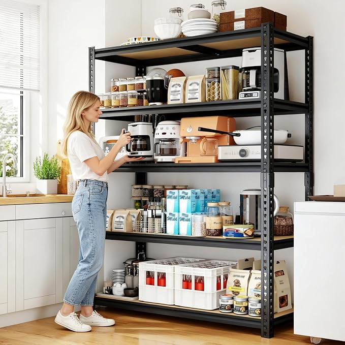 72" H Heavy Duty Garage Shelving, 2400LBS Capacity 5-Tier Storage Shelves,Adjustable Industrial Metal Garage Shelves for Basement Pantry Kitchen Warehouse, 16" D x 36" Wx72 H,Black