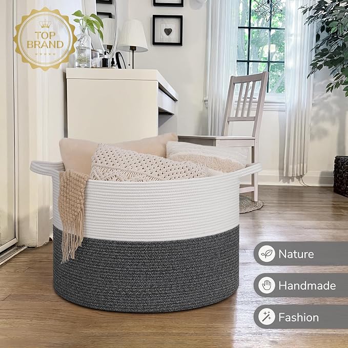 INDRESSME 115L Extra Large Woven Rope Blanket Basket Living Room | 23.6" x 15.7" Storage baskets for toys laundry & pillows. Fits living room, bedroom or nursery décor. Soft-touch with handles