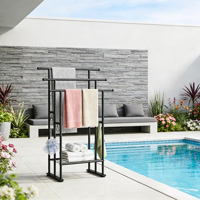 ELYKEN 3 Tier Freestanding Towel Rack with Shelf, 40" H Towel Stand, Black | Metal Drying Rack for Oversized Bath Towels & Blankets, 4 Hooks, Indoor & Outdoor Use, Fits Bathroom, Tub, Shower, Poolside