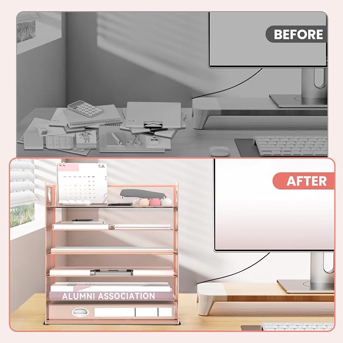 Daltack 6-Tier Paper Organizer for Desk with Handle, Rose Gold, 2 Pack | Sturdy Metal Mesh Organizer with Movable Middle Trays and a Carry Handle for Papers, Folders and Office Supplies