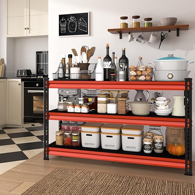 48" W Garage Shelving Heavy Duty, 1500LBS Loads Adjustable Garage Storage Shelves, 3-Tier Metal Shelving Units and Storage Racks, Industrial Utility Shelf,48" Wx18 Dx39 H,Red