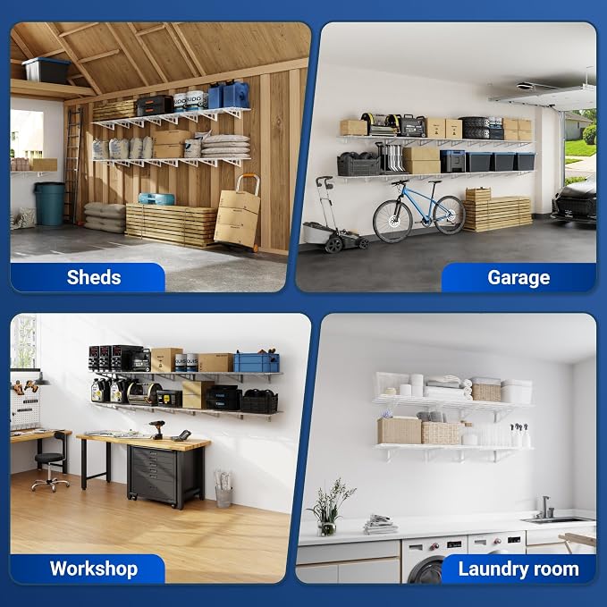FLEXIMOUNTS 4-Pack 2x4ft Wall Shelf Garage Storage Rack Wall Mounted, White | 24-inch-by-48-inch Garage Floating Shelves, Total 1200lbs Capacity, Rustproof Seamless Grid Design, Classic Series